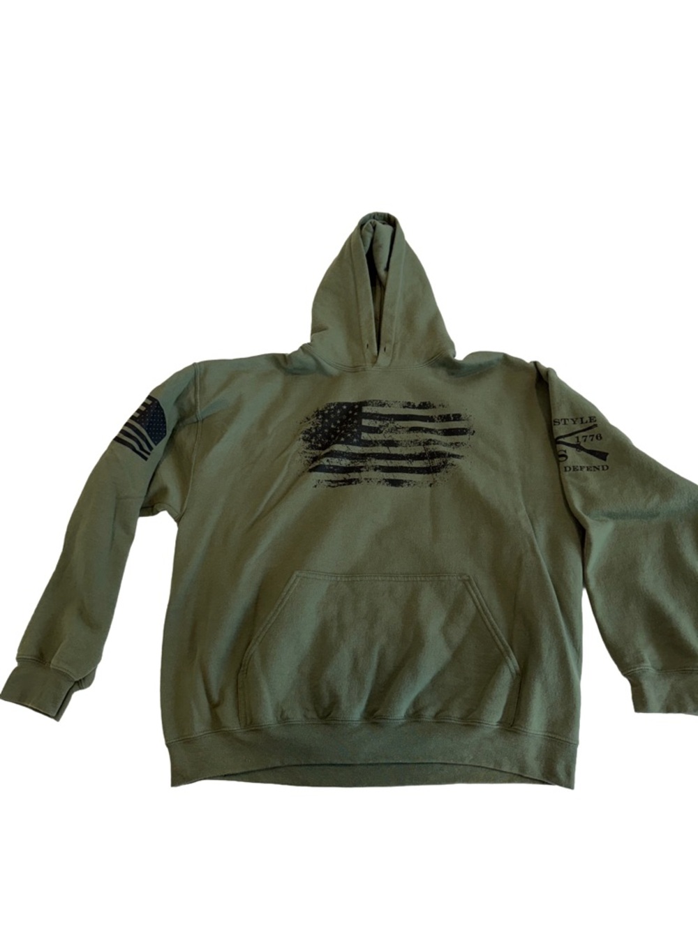 Grunt Style Olive Green Crewneck Hoodie with Distressed Flag